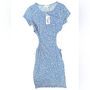 Jessica Simpson Midi Dress Drawstring Side Blue Floral Above Knee Size Small